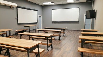 A clean, minimalist classroom setup with a few wooden desks, a whiteboard, and no clutter.