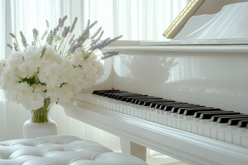 Bouquet de fleurs blanches et lavande dans un vase, posé à coté d'un piano blanc brillant en lumière naturelle douce