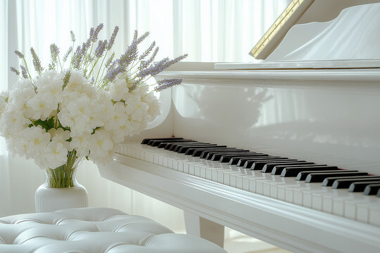 Bouquet de fleurs blanches et lavande dans un vase, pos&eacute; &agrave; cot&eacute; d'un piano blanc brillant en lumi&egrave;re naturelle douce