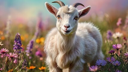 Obraz premium A baby goat with big sparkling eyes, standing in a field of colorful wildflowers, soft pastel tones, dreamy and warm lighting, ultra-cute and whimsical illustration