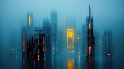 Abstract city skyline illuminated in foggy blue tones  