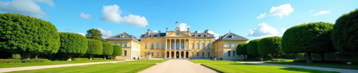 Fototapeta premium Imposing palace, vibrant blue sky, manicured grounds, sunny, architectural