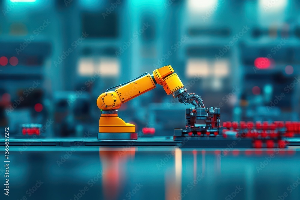 Poster a futuristic robot standing on a table in a modern factory environment surrounded by industrial equi