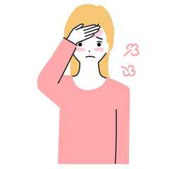 Illustration of a young woman with a fever and a hand on her forehead