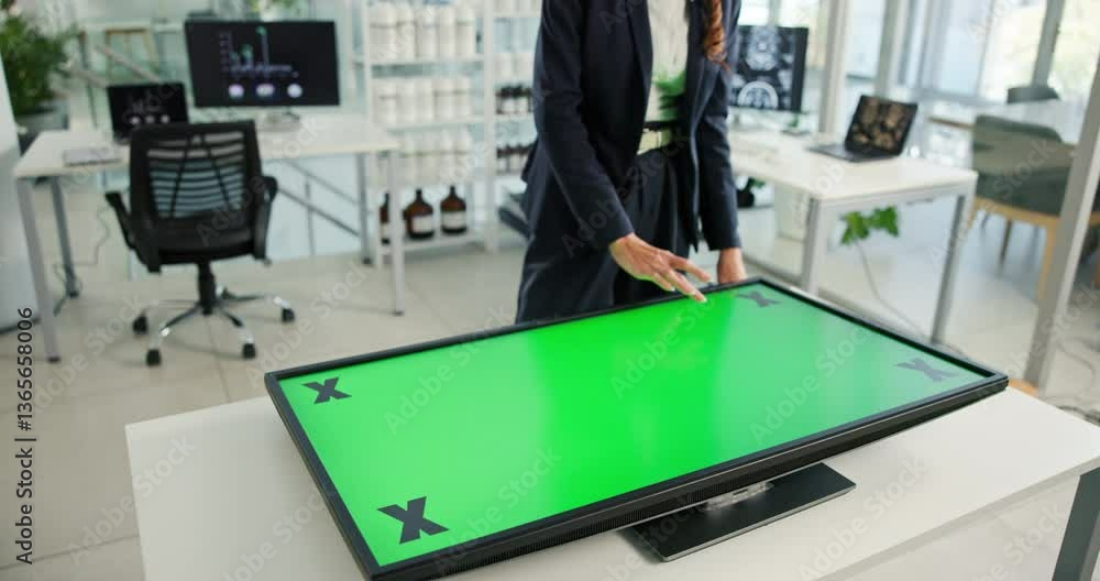 Poster green screen, online and person with monitor, office and planning for ad campaign with tech and hand