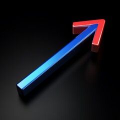 A glossy blue and red arrow pointing diagonally upwards on a stark black background illustration art