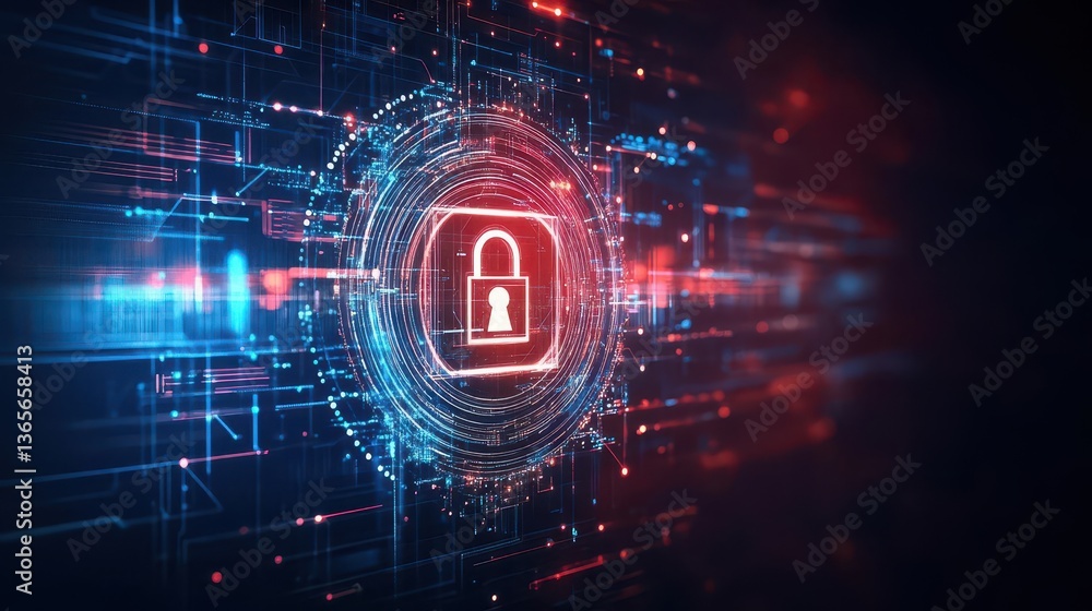 Aufkleber a vibrant lock on an abstract circuit background showcasing intricate technology with striking red a