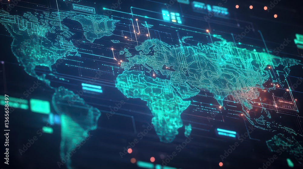 Poster illuminated world map featuring radiant lines and dots connecting continents creating a dynamic repr