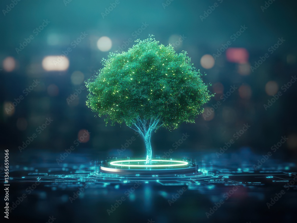 Poster enchanting tree adorned with glowing lights in a magical nighttime setting creating a captivating an