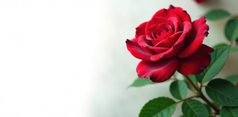 Deep crimson rose, vibrant green foliage, stark white backdrop, dark red rose, green leaves, bloom