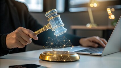 Justice equality legal concept. A person using a gavel over a digital auction platform symbolizing online bidding.