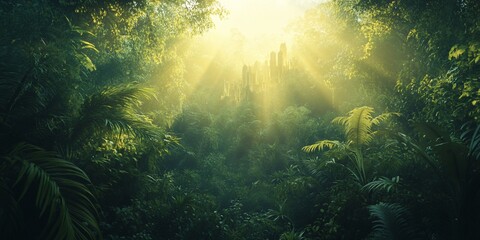 Lush tropical vegetation bathed in radiant sunlight and distant spires
