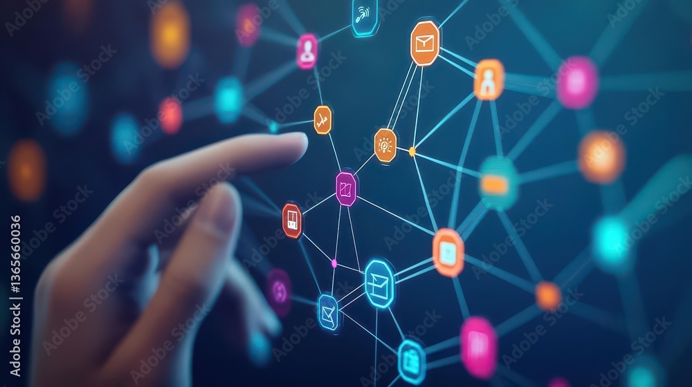 Poster a hand gently touching a vibrant network of social icons representing connection communication and e