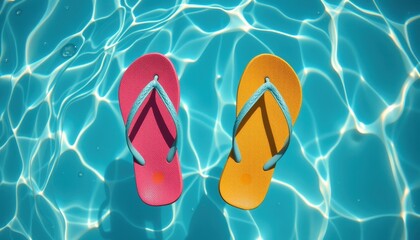 Naklejka premium Colorful flip-flops float on the surface of a refreshing pool, capturing a vibrant summer vibe and leisure.