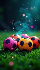 Fototapeta premium Four vibrant soccer balls gleam on lush green grass, sparkling with magical dust , texture, grass, dust