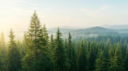 Lush green coniferous forest with misty mountains in the background under a soft, golden sunrise.