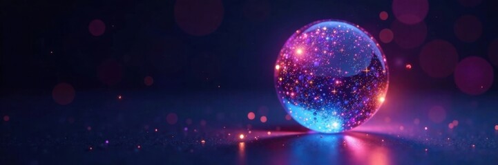Iridescent crystal sphere reflecting ambient light in a darkened room , luminous objects, ethereal ambiance, glowing spheres