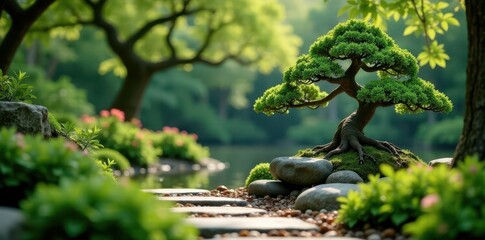 Serene Japanese garden; stone path winds past ancient bonsai tree, bonsai, moss