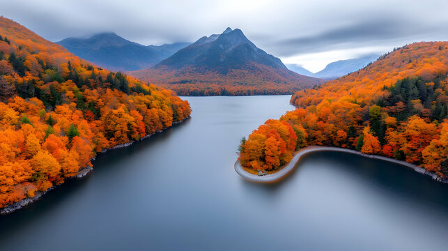 Aerial View of Autumn Lake and Mountains