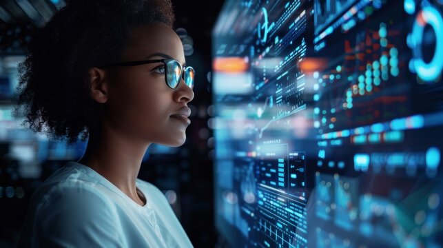 Data analyst examining visualizations and metrics for business insights and performance optimization
