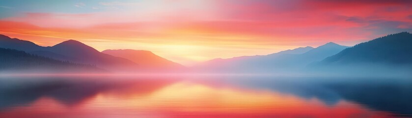 Fototapeta premium Breathtaking Sunset Over Tranquil Lake Surrounded by Majestic Mountains Creating a Peaceful Atmosphere in a Natural Landscape Setting