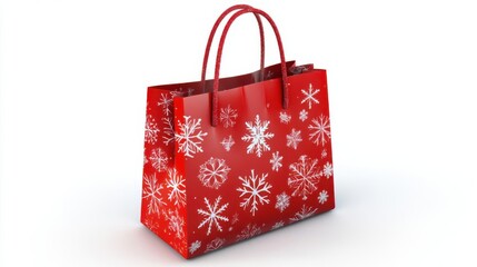 Red festive shopping bag adorned with snowflakes, set against a plain white background, ideal for seasonal promotions