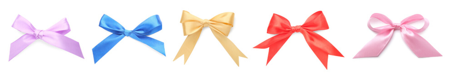 Different beautiful bows on white background, set