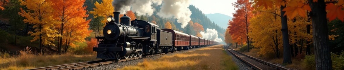 Steam locomotive pulls carriages past vibrant fall colors , scenery, railway, vibrant