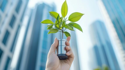 A hand holds a small plant in a metallic pot against a backdrop of modern skyscrapers, symbolizing urban sustainability and growth.
