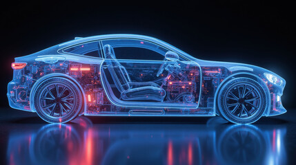 futuristic car design showcasing transparent exterior revealing intricate internal components and circuitry, illuminated in blue light