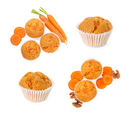 Yummy carrot muffins isolated on white, set