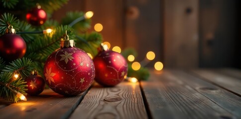 Warm brown wood, Christmas baubles & string lights , holiday decor, baubles