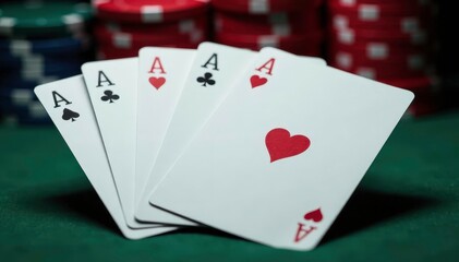 Obraz premium Four aces fanned out, showcasing a classic poker hand , casino, aces, game