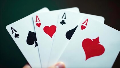 Fototapeta premium Four aces fanned out, showcasing their distinct suits , chance, spread