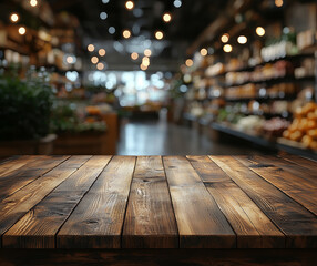 A rustic wooden table in front of well-organized shelves filled with various products in a modern grocery store