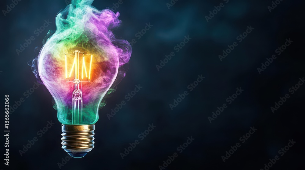 Poster a vibrant light bulb emitting colorful rainbow smoke in a dark setting creating a unique and enchant