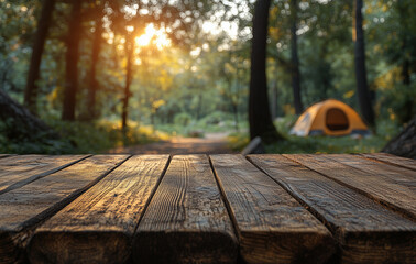 A rustic wooden table set in a serene forest with a bright sunrise casting warm light over a camping spot. A tent in the distance and lush trees create the perfect peaceful escape into nature.