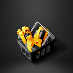 Naklejka premium 3D Shopping basket filled with gift boxes isolated. Render luxury gifts with golden ribbons for holiday season celebration. Present for family and friends on black friday sale. Vector illustration