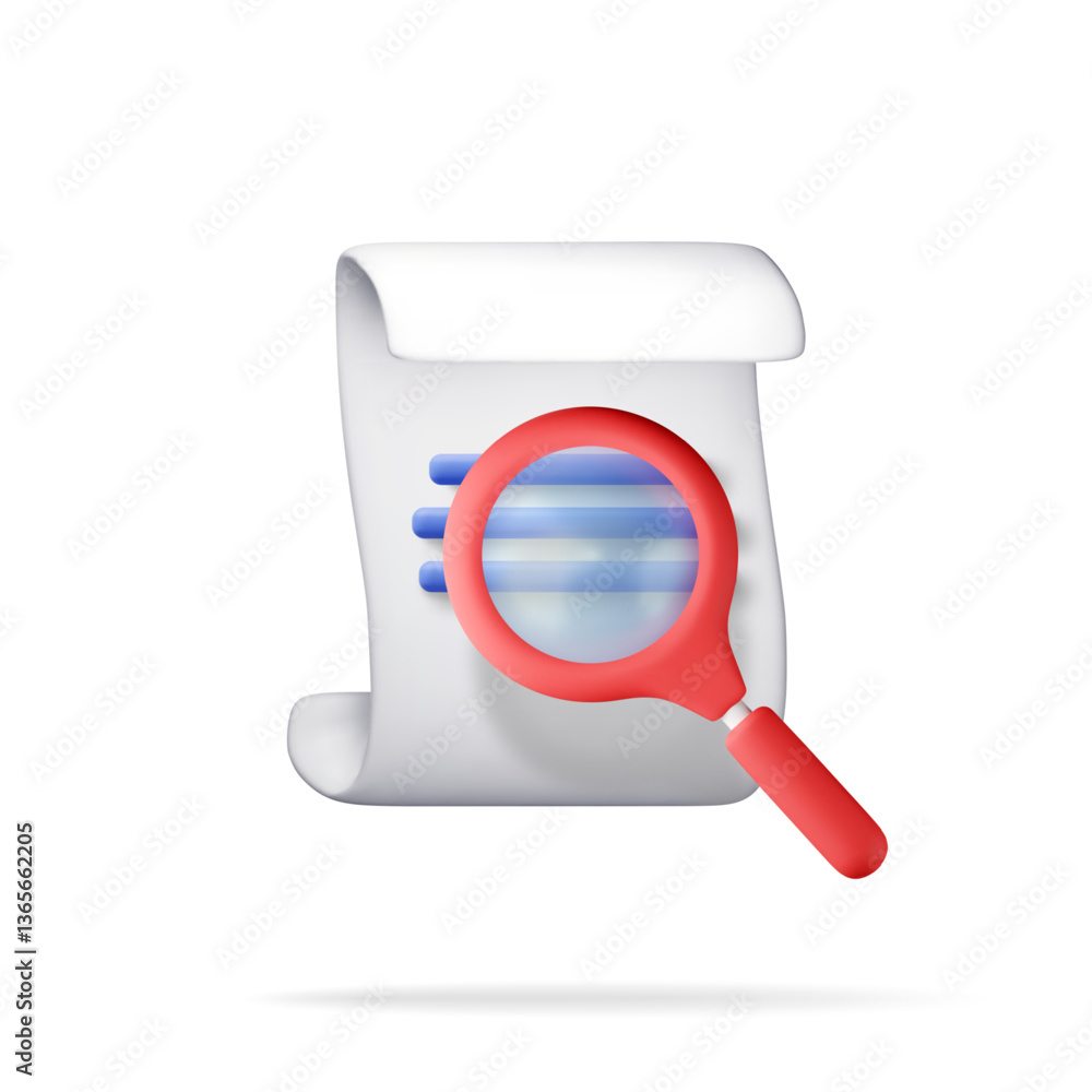 Poster 3d document with magnifying glass isolated. render document search concept. business and file manage