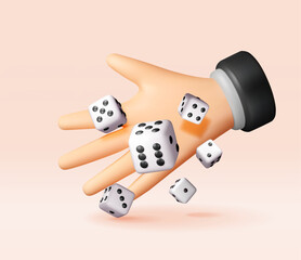 3D Hand throwing dice isolated. Render playing cubes icon. Game creating chance and risks showing concept of luck and fortune used in gambling or family game. Vector illustration