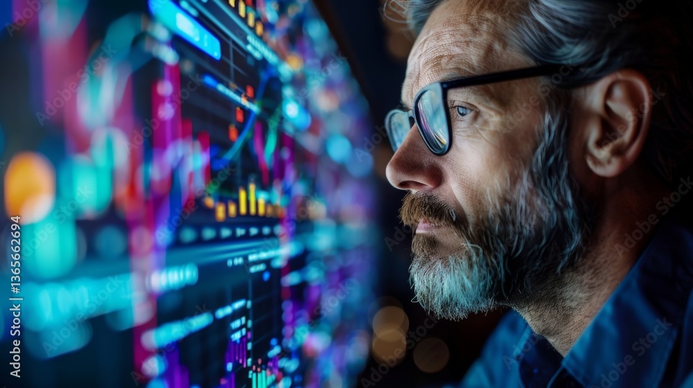 Poster business analyst examines data visualization for insights and performance trends during nighttime an