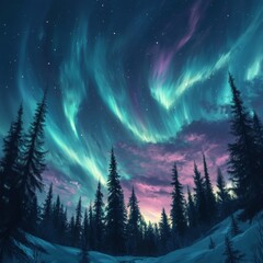 Naklejka premium Vibrant northern lights over snowy forest at dusk with spectacular sky