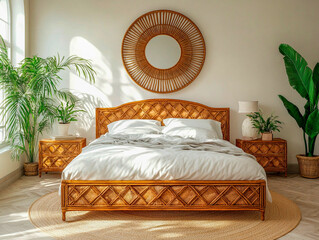 The cozy bedroom features wooden furniture, a large bed draped in soft linens, and lush greenery that enhances the bohemian ambiance, illuminated by gentle natural light