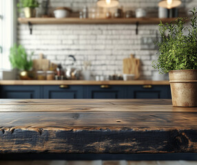 A modern kitchen with a rustic wooden counter, open shelving, and pendant lights. The natural plants add a cozy touch to this stylish and inviting cooking space.
