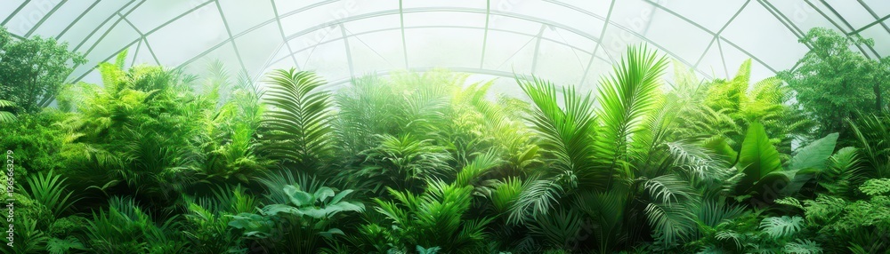 Aufkleber lush green forest with diverse plants and towering trees bathed in soft natural light creating a tra