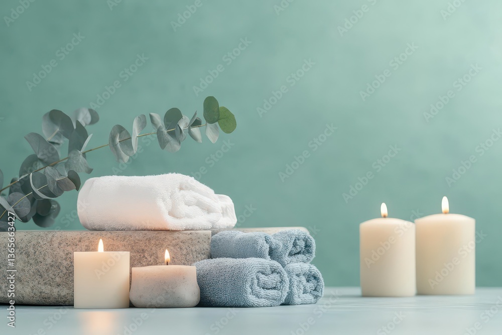 Poster aromatic candles and soft towels elegantly arranged on a wooden table creating a calm and inviting a