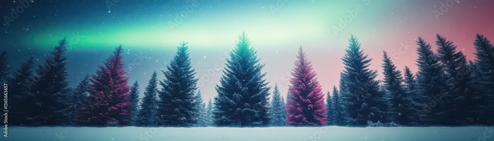 Poster enchanting forest scene with towering trees underneath a mesmerizing aurora borealis illuminating th