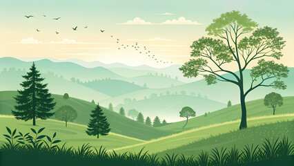 Stunning Nature Vector Background with Rolling Hills and Soft Sky Gradient
