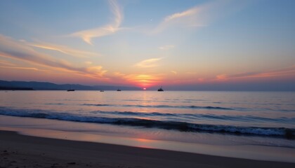 Obraz premium Serene Sunset Over Gentle Waves Imagine a tranquil sunset scene over calm waves, where soft pastel colors blend into the sky and reflections dance on the water's surface