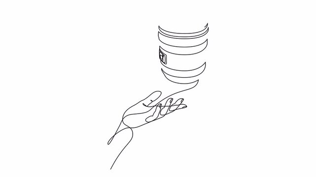 Self drawing animation of human hand holding camera lens drawn by continuous one line. One line photo equipment store concept animated video. 4K, Alpha channel.